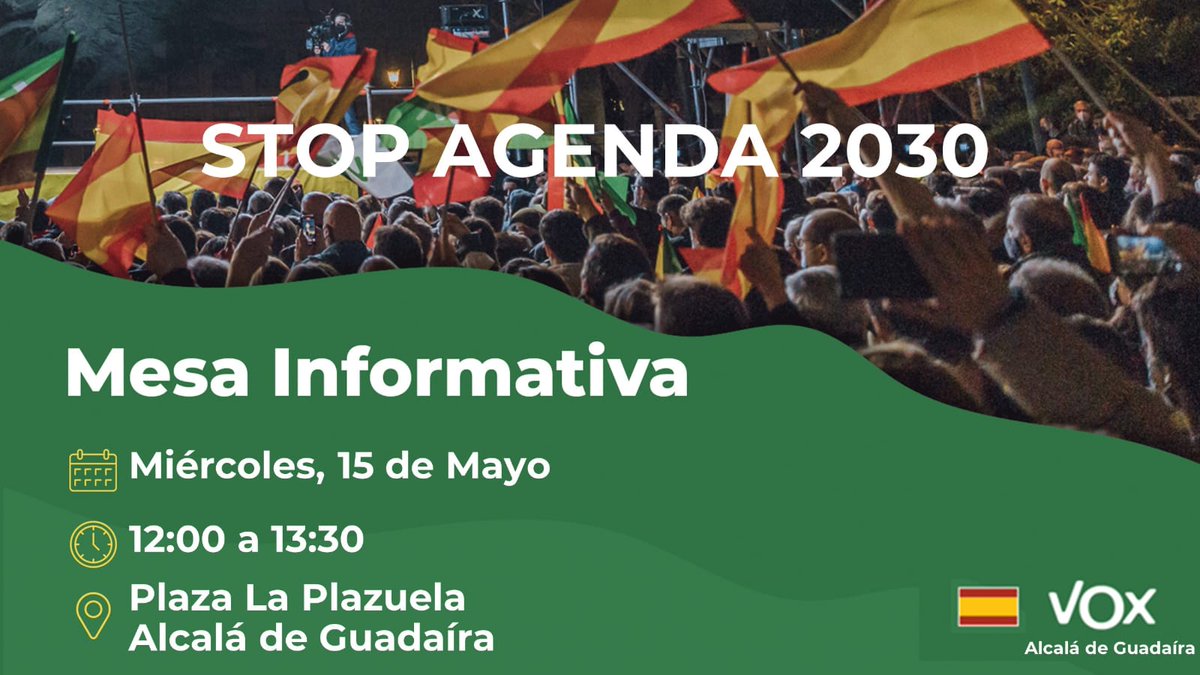 ¡Nos vemos el miércoles en ALCALÁ DE GUADAÍRA!

¡Te esperamos!

📆 Miércoles 15 de mayo
⏰ 12.00-13.30 h.
📍 Plaza La Plazuela (Alcalá de Guadaíra)

#vox #alcala #alcaladeguadaira #sevilla #stopagenda2030 #agenda2030criminal #patriotas