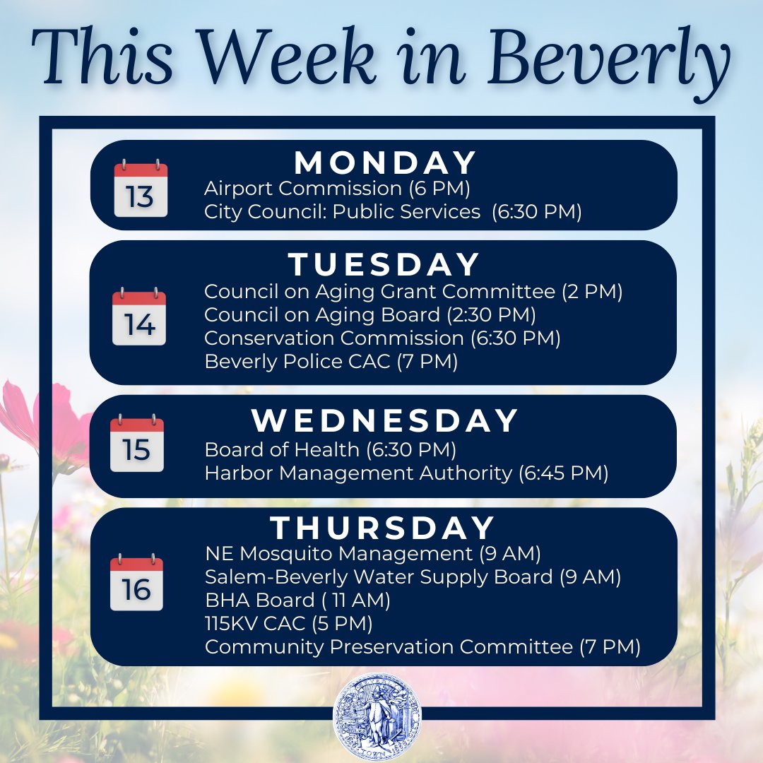 Check out this week’s meetings - find the full calendar, agendas and minutes ➡️ ow.ly/e6pu50PRZai 📅

Coming up next weekend: Warrior Weekend & Touch A Truck!

#BeverlyMA #NorthshoreMA #CivicEngagement