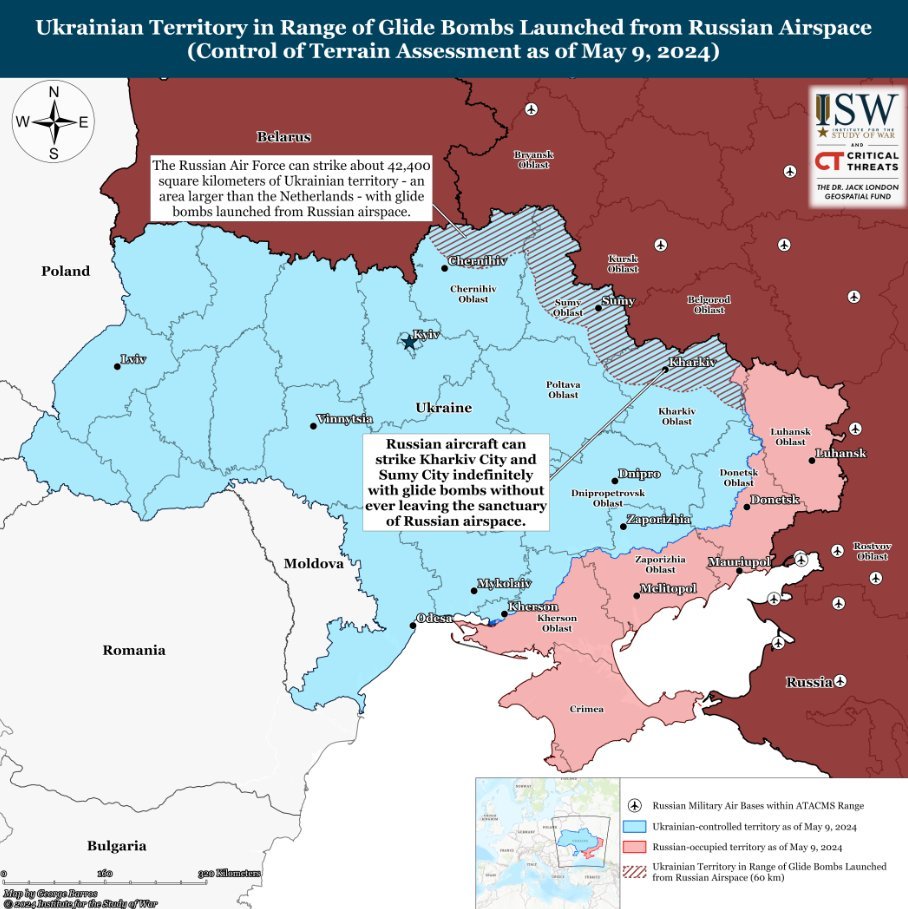 The Russian Air Force can strike wide swaths of Ukraine uninhibited so long as the Russian Air Force continues to leverage Russia’s airspace sanctuary. (1/3) ◾️The Russian Air Force can strike no fewer than 869 settlements in Kharkiv Oblast without ever leaving Russian airspace.