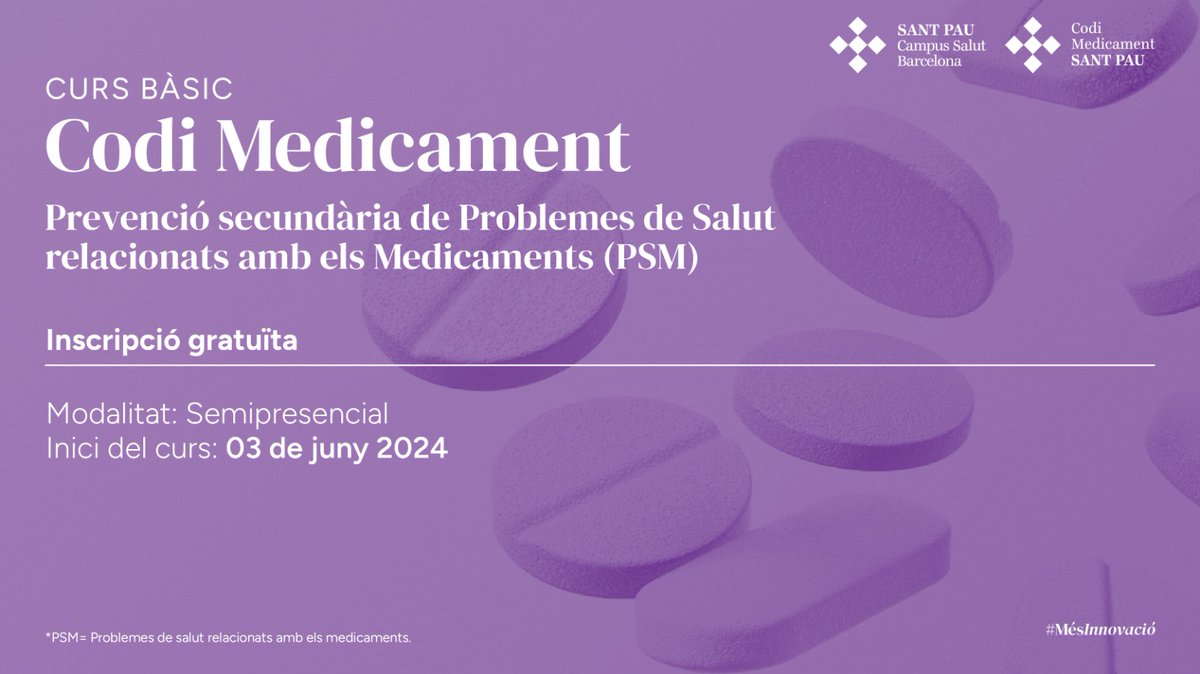 HospitalSantPau's tweet photo. 🔛 Inscriu-te a la primera edició semipresencial del curs bàsic Codi Medicament

💊 #SantPau organitza la primera edició del curs bàsic “Codi medicament: Prevenció secundària de Problemes de Salut relacionats amb els Medicaments (PSM)”.

🏥 En el panel docent participen professionals sanitaris de diferents disciplines (farmacèutics, metges, infermeres) i diferents àmbits d'atenció asistencial (Hospital, primària, farmàcia comunitària).

📍 Inici curs: 03 de juny
📌 Fi curs: 27 de juny
✍️ Data límit d'inscripció: 21 de maig
👥 100 places disponibles!

Apunta't ➡️ https://t.co/CJwWt52V1K