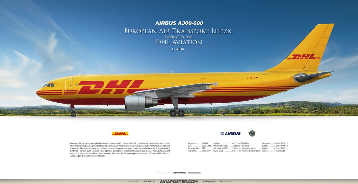 Airbus A300-600 European Air Transport Leipzig
operated for DHL Aviation

Registration: D-AEAH
Type: A300-600RF
Engines: 2 × PW PW4158
Serial Number: 783
First flight: Jan 6, 1998

Poster for Aviators.
aviaposter.com
#aviationgeek #airbuspilot #airbusfan #a300 #a300600