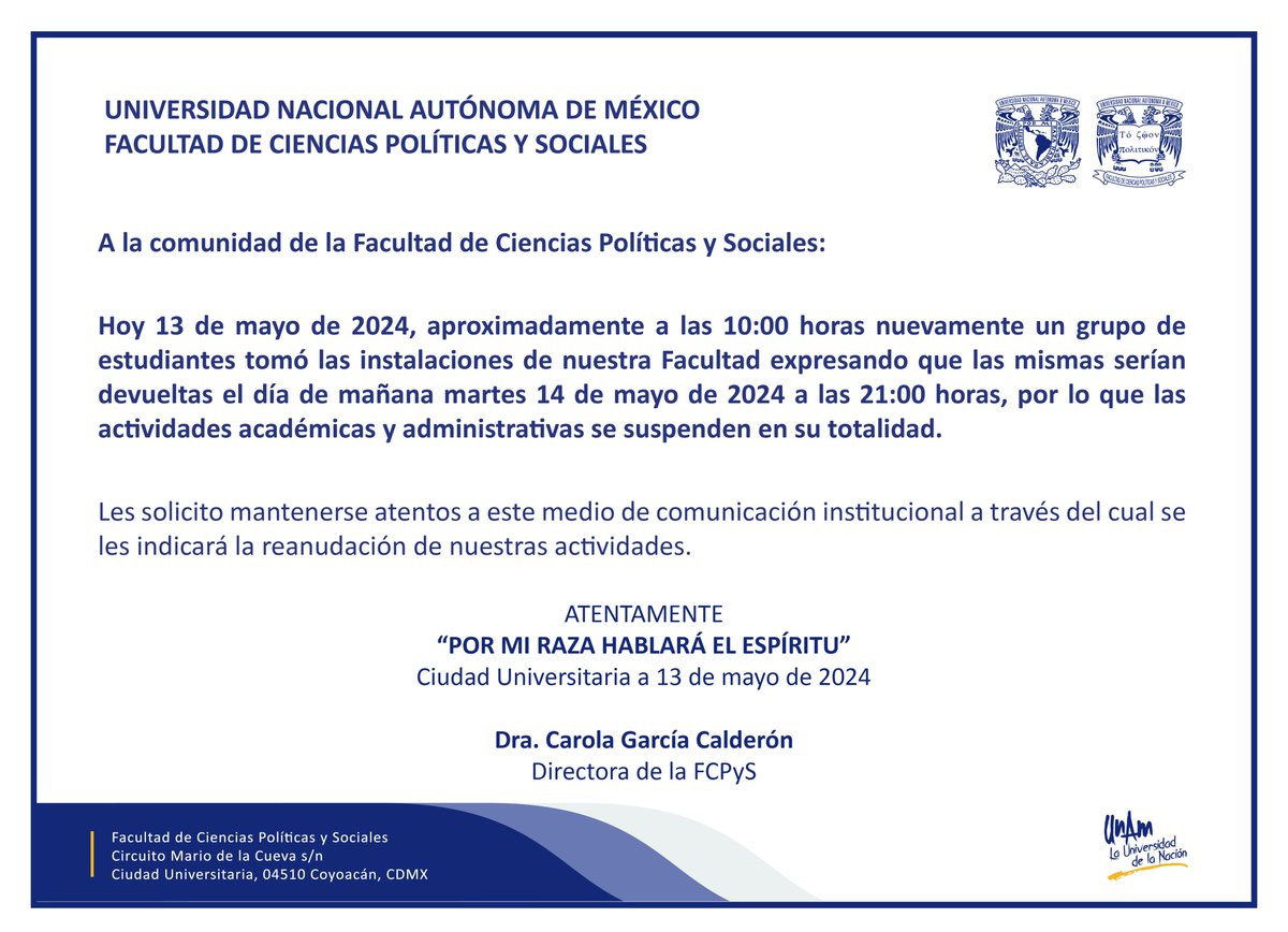 UNAM_FCPyS's tweet photo. A la Comunidad de la Facultad de Ciencias Políticas y Sociales: https://t.co/JYt1NBFUBv