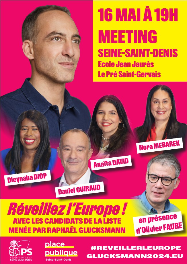 🟡🌹 Meeting au Pré-Saint-Gervais ce jeudi 16 mai à 19h pour #ReveillerLEurope ! Nous aurons le plaisir d'accueillir nos candidats @Dieynadiopsow @D_Guiraud_2022 @AnaitaDavid & @MebarekNora ainsi que @faureolivier !