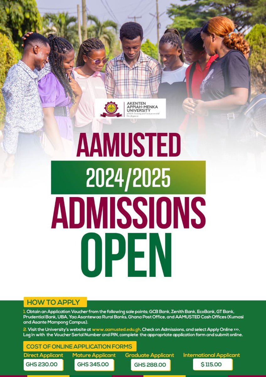 📍ATTENTION GENERAL PUBLIC 📍

AAMUSTED 2024/2025 ADMISSIONS OPEN
Apply Now!! 
💻 application.aamusted.edu.gh
#AdmissionsOpen
#admissions2024_25
#StudyAtAAMUSTED