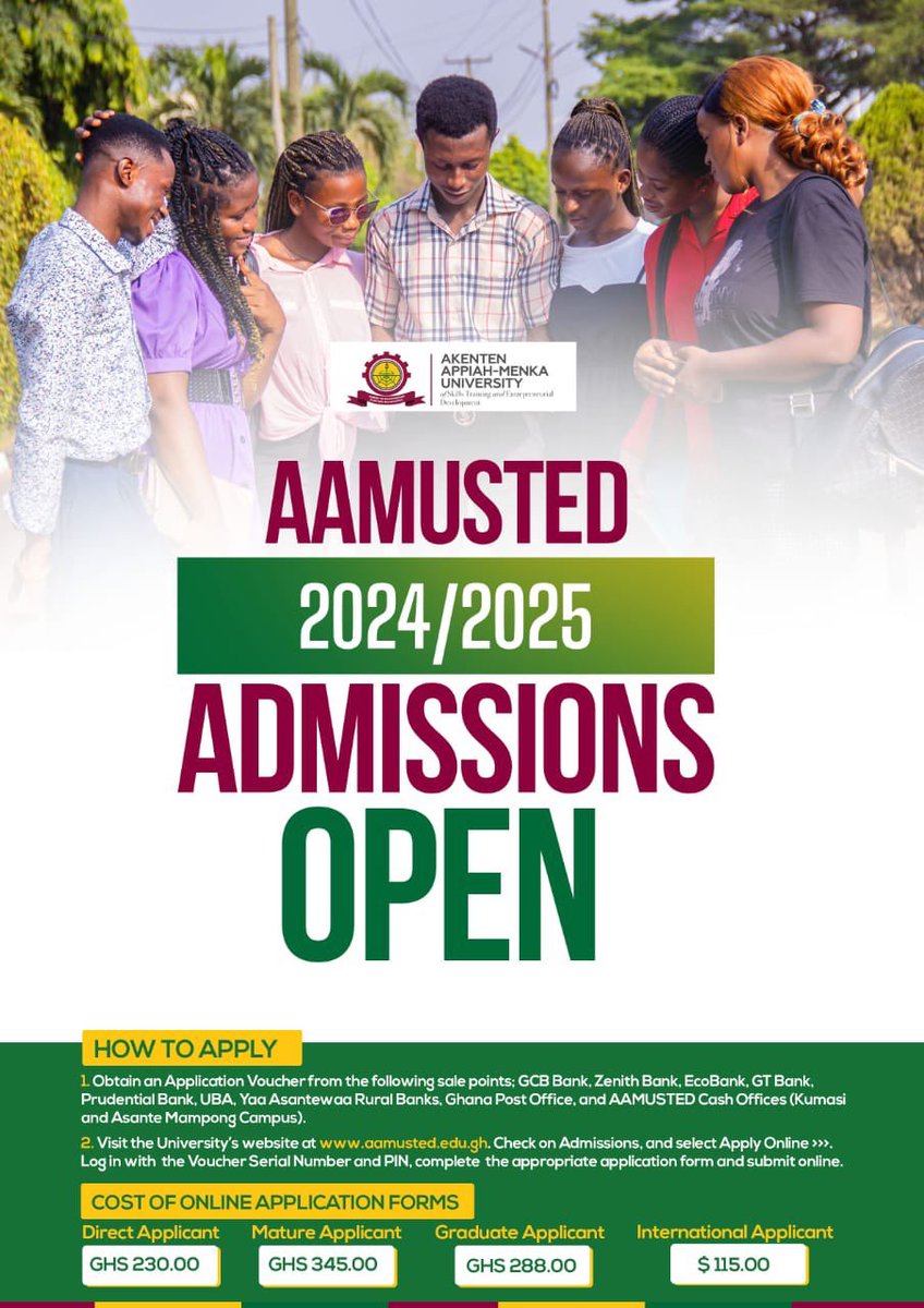 AAMUSTED_live's tweet photo. 📍ATTENTION GENERAL PUBLIC 📍

AAMUSTED 2024/2025 ADMISSIONS OPEN
Apply Now!! 
💻 https://t.co/rbwBO9NZVV
#AdmissionsOpen
#admissions2024_25
#StudyAtAAMUSTED https://t.co/QYQDc6t1Pq