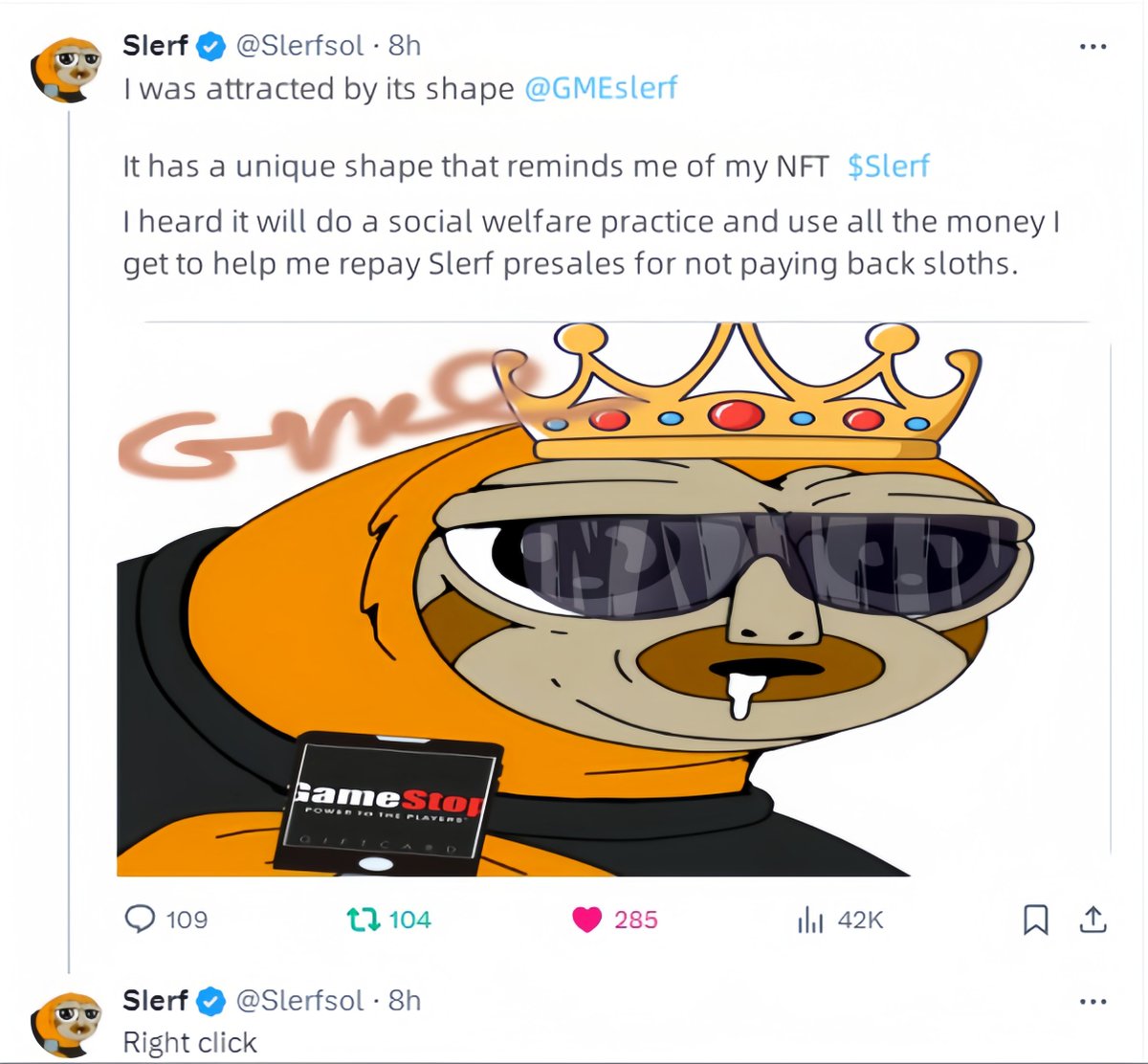 GMEslerf's tweet photo. We have reached an agreement with Mr. $Slerf and the Group has decided to give all of the launch to Mr. Slerf for compensation to Slerf presale participants!!! https://t.co/xYBbQCfSZ6