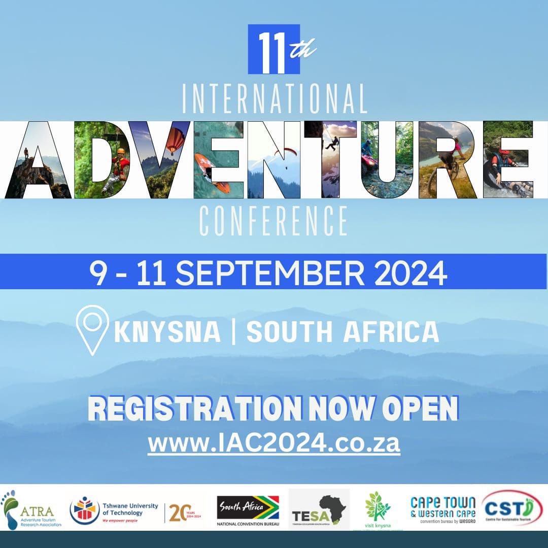 Hey TUT Fam! Registrations for the 11th International Adventure Conference 2024 are now open! Join adventure tourism professionals from around the world in Knysna, from September 9-11.Early bird registration available until May 31 Register now at IAC2024.co.za #IAC2024