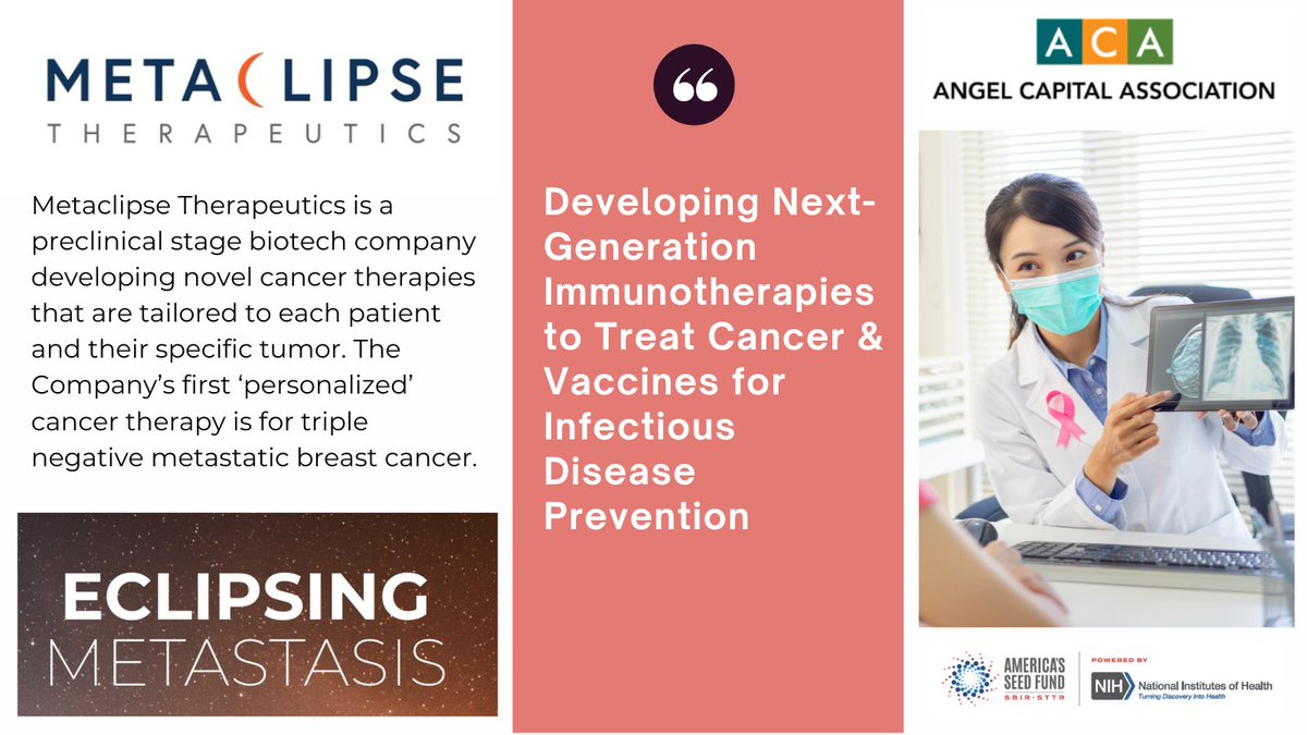 Check out Metaclipse Therapeutics, a preclinical biotech company that developed personalized cancer therapy for triple negative metastatic breast cancer. metaclipse.com

#AngelInvesting #AngelInvestors #ACASummit2024 #SBIR #STTR #NIHSEED