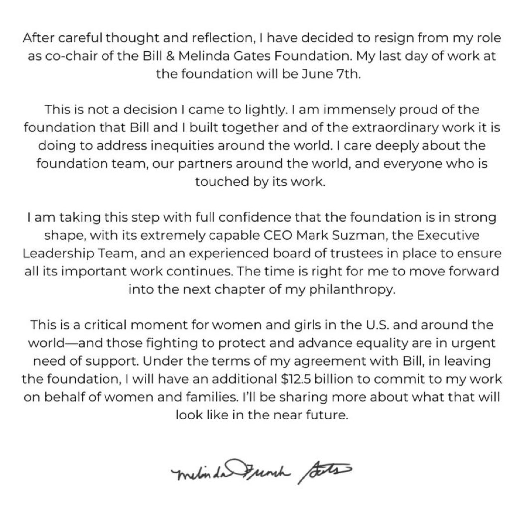 WallStreetMav's tweet photo. MELINDA GATES is resigning from the Gates Foundation.

Under the deal she worked out with Bill, she will get $12.5 billion for her own charity.

Why do you think she wanted to disassociate herself from Bill Gates? https://t.co/Z9bSMb75fm