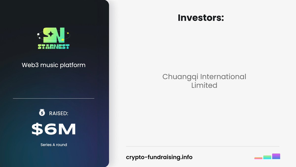 Web3 music platform @StarNestweb3 raised $6M in a Series A funding round from Chuangqi International Limited. crypto-fundraising.info/projects/starn…