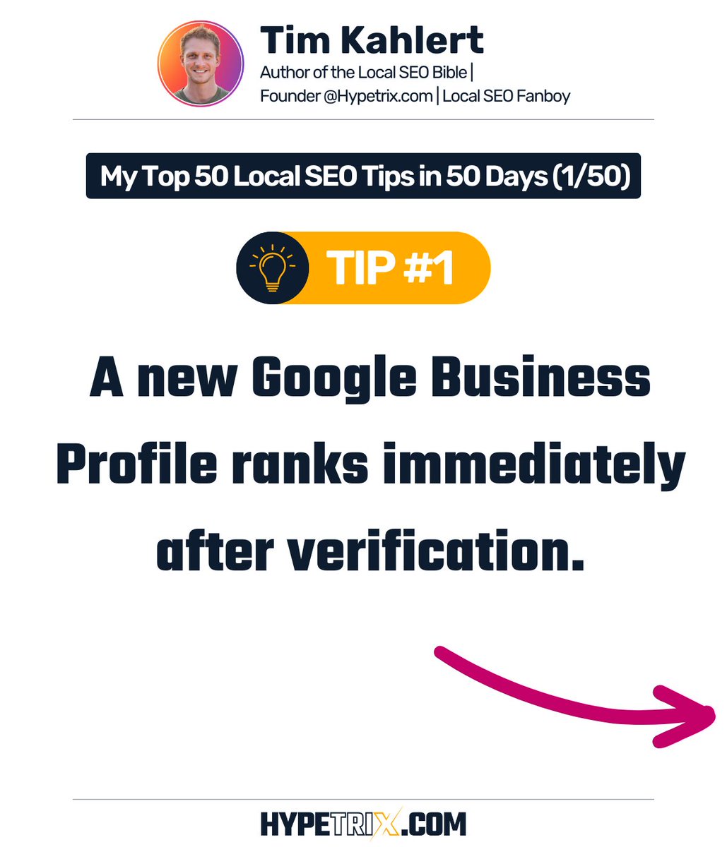 realTimKahlert's tweet photo. My Top 50 Local SEO Tips in 50 days (1/50)

1. A new business profile ranks immediately after verification

Follow me, @Tim Kahlert, to get all 50 tips to your feed. 

#hypetrix 
#localseotips
#googlebusinessprofiletips https://t.co/Mnzwq1HGP8