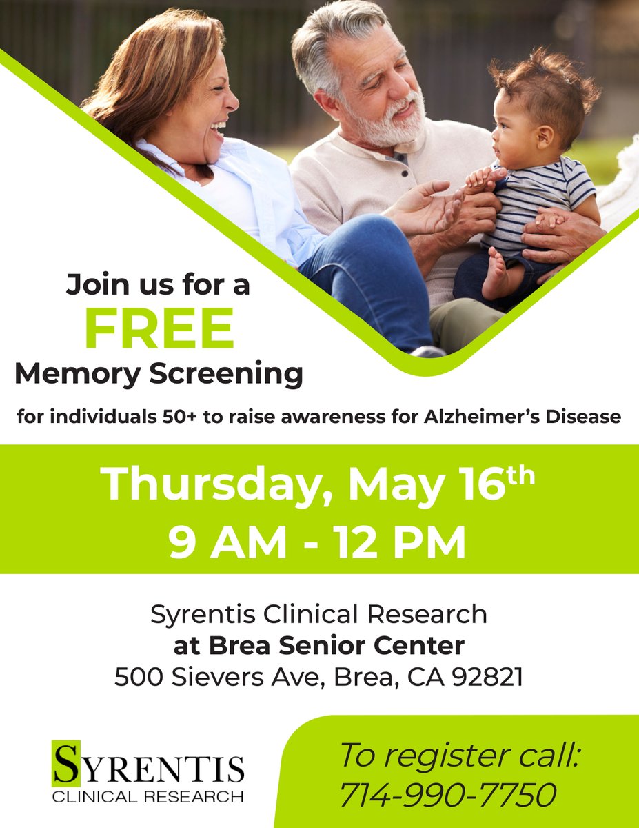 🧠 Don't miss out on a FREE Memory Screening event at Brea Senior Center! 🗓️ Join us on May 16th, 9:00 am - 12:00 pm, to assess your cognitive function and prioritize brain health. Spread the word! #BrainHealth #MemoryScreening #BreaSeniorCenter #SyrentisClinicalResearch
