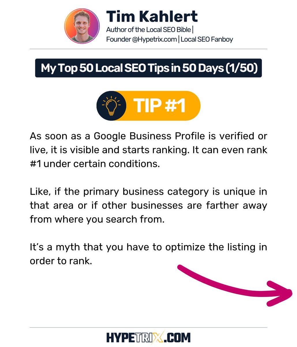 realTimKahlert's tweet photo. My Top 50 Local SEO Tips in 50 days (1/50)

1. A new business profile ranks immediately after verification

Follow me, @Tim Kahlert, to get all 50 tips to your feed. 

#hypetrix 
#localseotips
#googlebusinessprofiletips https://t.co/Mnzwq1HGP8
