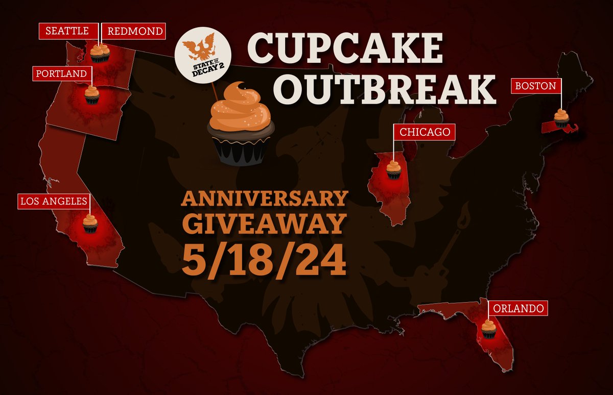 WARNING: a sugary plague has been detected.🚨

To celebrate #StateOfDecay 2's 6th anniversary, complimentary cupcakes will be available this Sat at local bakeries across the U.S. 🧁

Consider yourselves warned, Survivors. ⚠️ Bakeries will be revealed on 5/17.  #CupcakeOutbreak