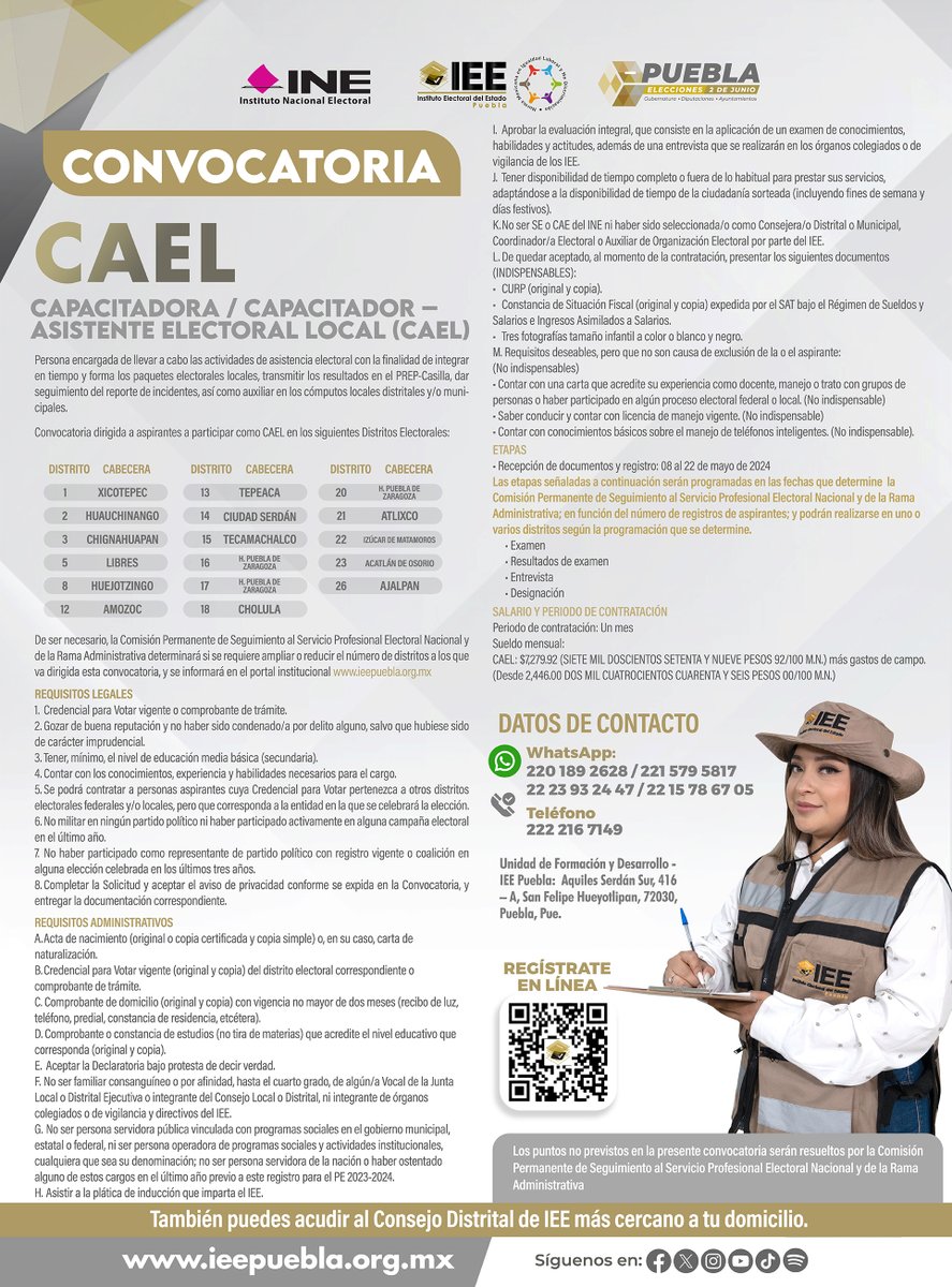 📢 Atención Poblanas y Poblanos, estamos contratando: ¡Tenemos nueva convocatoria para participar como CAEL, tienes del 8 al 22 de mayo! Info en: ieepuebla.org.mx #EleccionesPuebla2024 #IEEPuebla