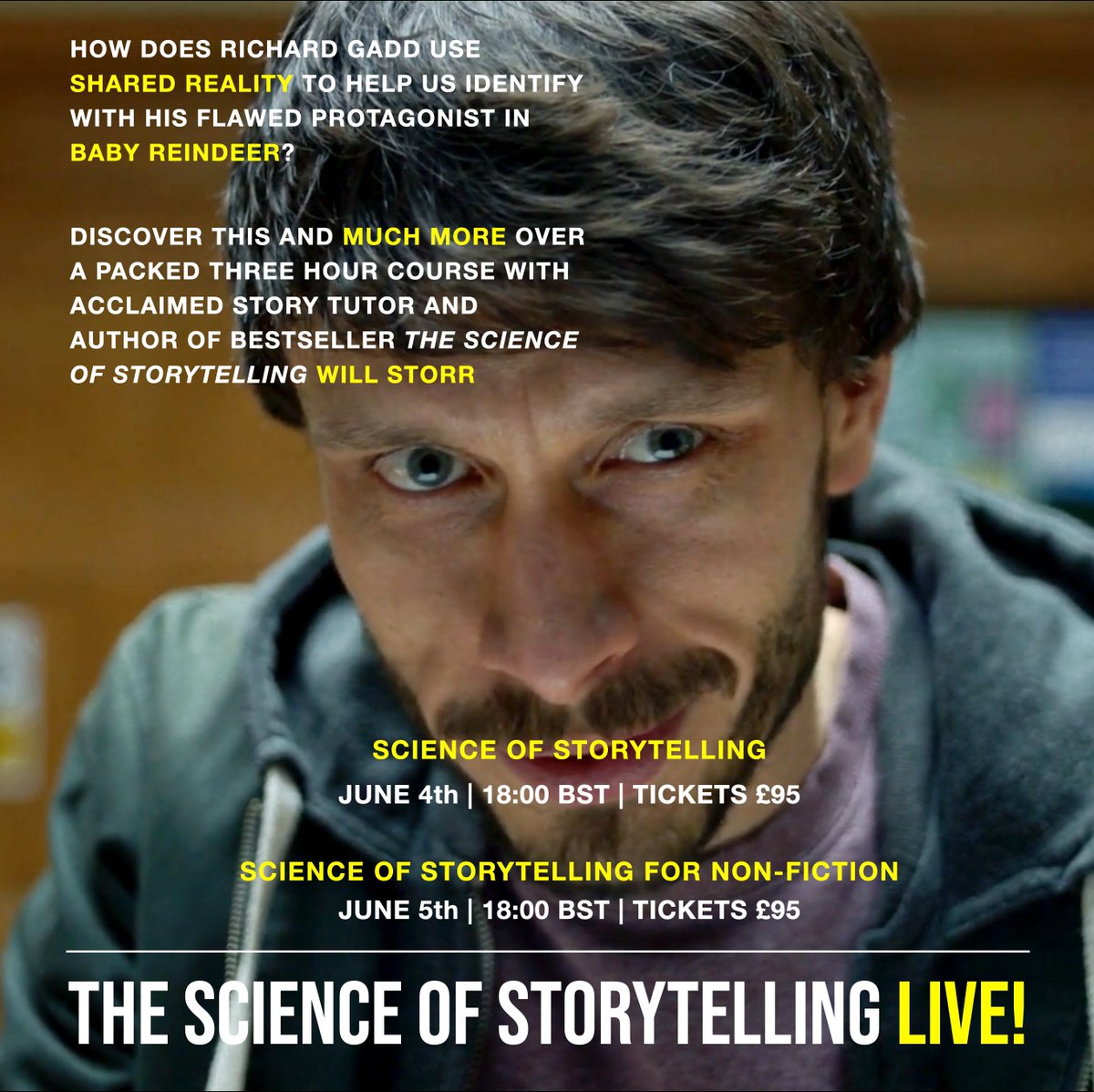 Join me for THE SCIENCE OF STORYTELLING LIVE! Huge amounts of brand new material not included in the book, including a deep dive into the psychology of identification with flawed characters. June 4th for fiction June 5th for non-fiction TICKETS: eventbrite.co.uk/o/will-storr-2…