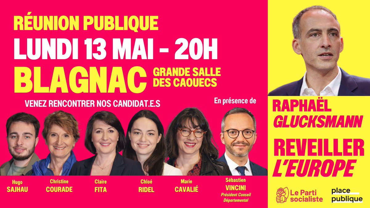 À ce soir à #Blagnac pour #RéveillerLEurope ! @rglucks1 

Avec nos candidates et candidats @ChloeRidel, @CCourade, @claire_fita, @SajhauHugo et Marie Cavalié. 

@socialistes31 - @31_place