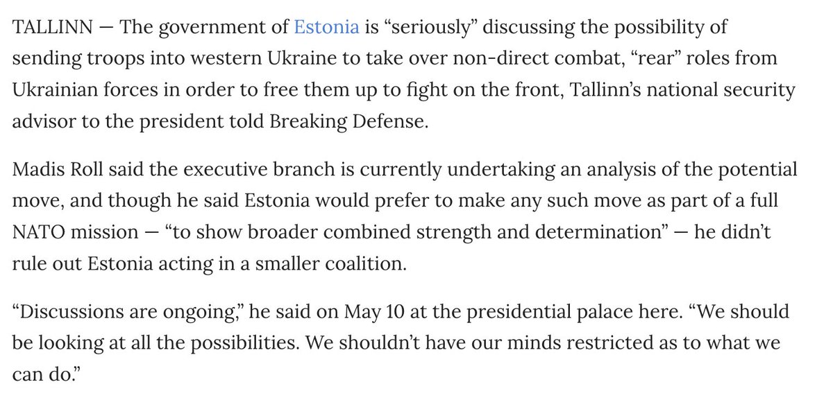 Faytuks's tweet photo. Estonia is "seriously" discussing the possibility of sending troops into western Ukraine to take over non-direct combat “rear” roles from Ukrainian forces to free them up, Estonia's national security advisor to the president told Breaking Defense
https://t.co/PZ02HoyGPP https://t.co/gnAczG6HM3