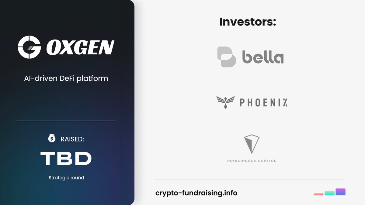 AI-driven DeFi platform @0xgen_io closed Strategic funding round from @BellaProtocol, @Phoenix_Chain, @principle68, Tensor Investment Corporation, X Labs. Amount raised is not disclosed. crypto-fundraising.info/projects/0xgen…
