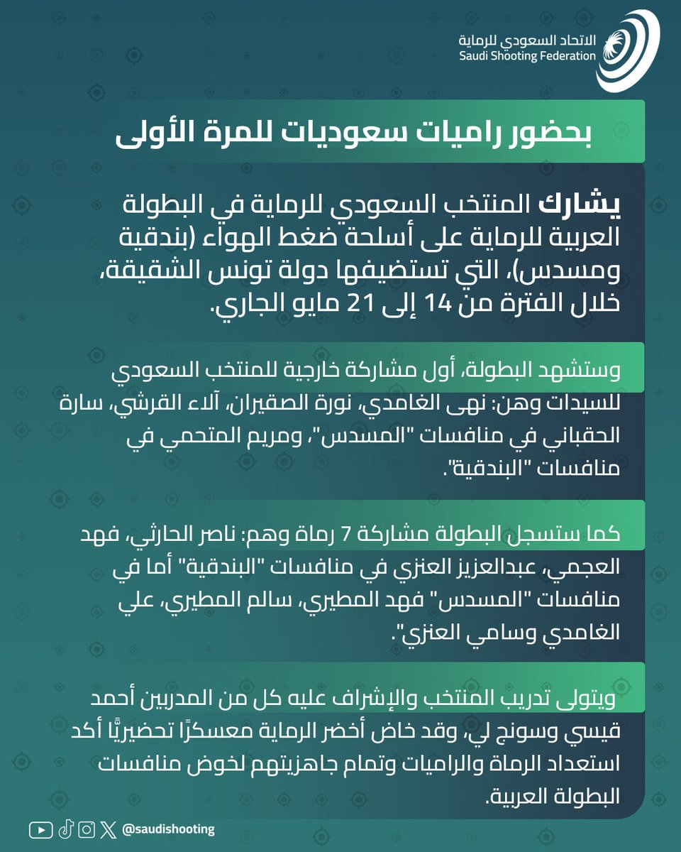 بحضور راميات سعوديات للمرة الأولى🇸🇦

منتخب السعودية للرماية يشارك في البطولة العربية بتونس🇹🇳

تفاصيل أكثر⤵️