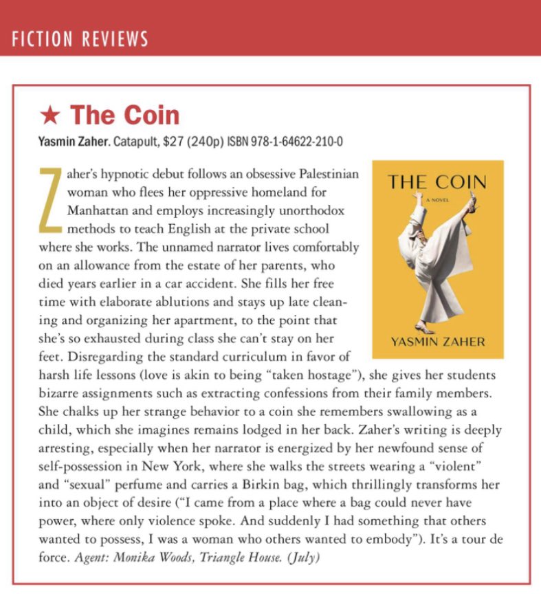 Starred & boxed review of Yasmin Zaher’s The Coin in @PublishersWkly! “It’s a tour de force”!!! 💫💫💫 cc: @CatapultStory @_triangle_house