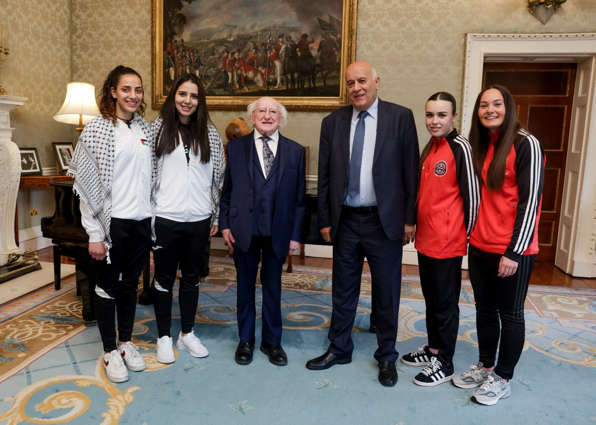 PresidentIRL's tweet photo. President Higgins this afternoon received the President of the Palestinian FA, Jibril Rajoub, Ambassador Dr Jilan Abdalmajid and players and managers of the Palestine and @bfcdublin women's football teams at Áras an Uachtaráin ahead of Wednesday's match at Dalymount Park https://t.co/e00yH94j1C