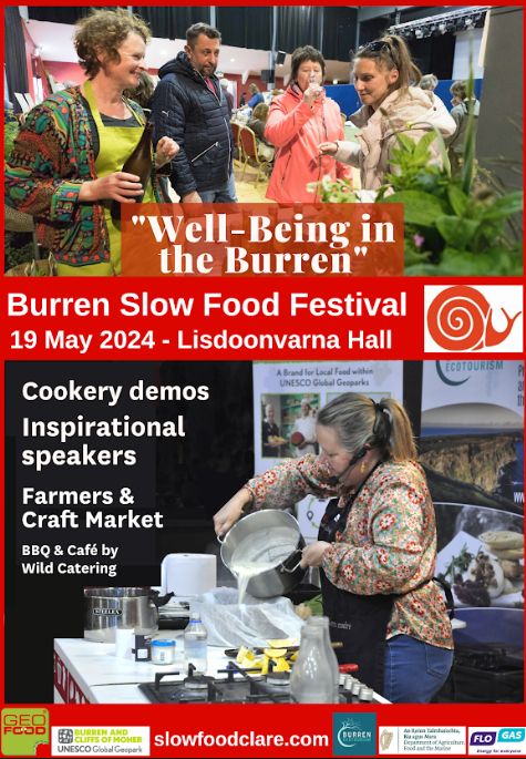 The Burren Slow Food Festival is back this Sunday, 19th May 💛💙 Nourishing body and soul, through food and wellness. Starting with the farmers market at 10.30am followed by chefs' demos at 12pm at the Pavilion in Lisdoonvarna. Visit burren.ie #VisitClare