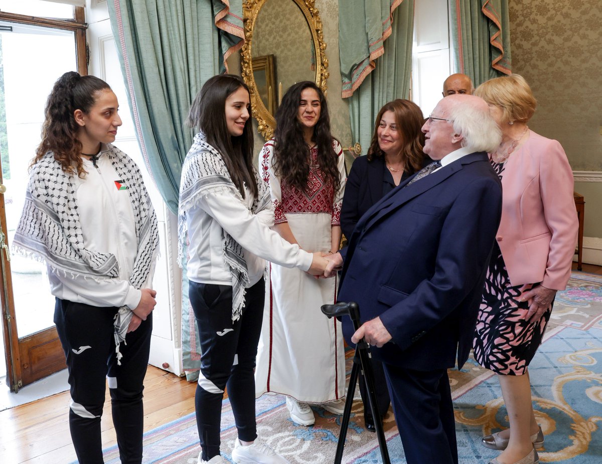 PresidentIRL's tweet photo. President Higgins this afternoon received the President of the Palestinian FA, Jibril Rajoub, Ambassador Dr Jilan Abdalmajid and players and managers of the Palestine and @bfcdublin women's football teams at Áras an Uachtaráin ahead of Wednesday's match at Dalymount Park https://t.co/e00yH94j1C