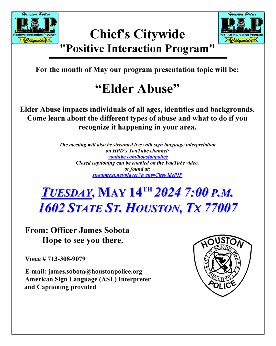 Don't forget! Tomorrow (5/14) will be our Citywide PIP Meeting. Join us at 7 PM to learn more about Elder Abuse and what to do if you notice it happening around you. The meeting will be held at 1602 State St. We hope to see you there!