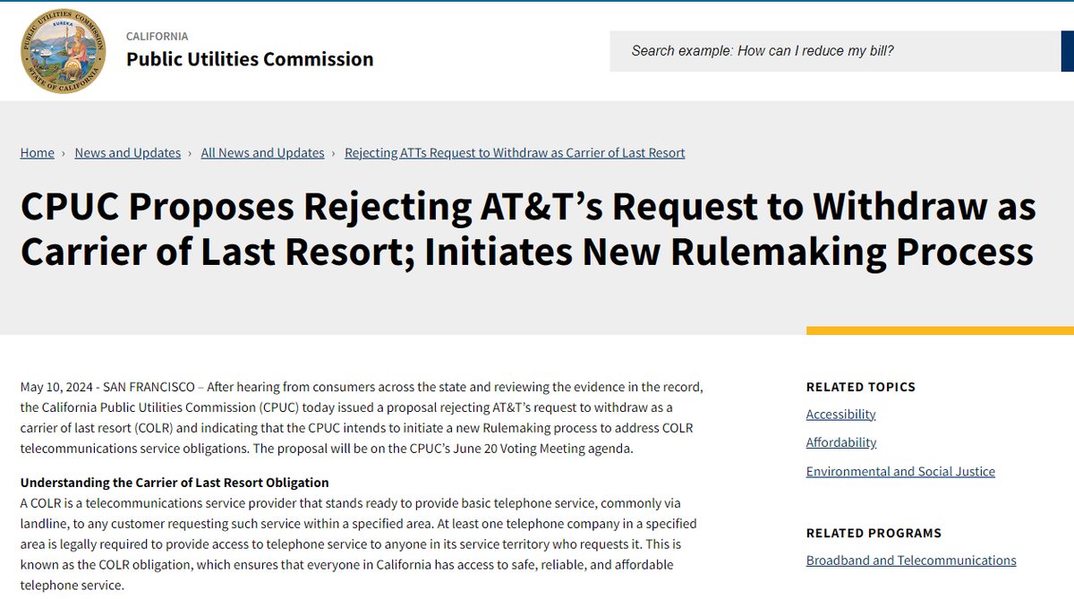 Recently, @californiapuc announced a proposal to deny AT&T's request to abandon its Carrier of Last Resort responsibilities for landline phone service in California, providing relief to those reliant on landlines for safety and communication. Info: bit.ly/3wwAZWA