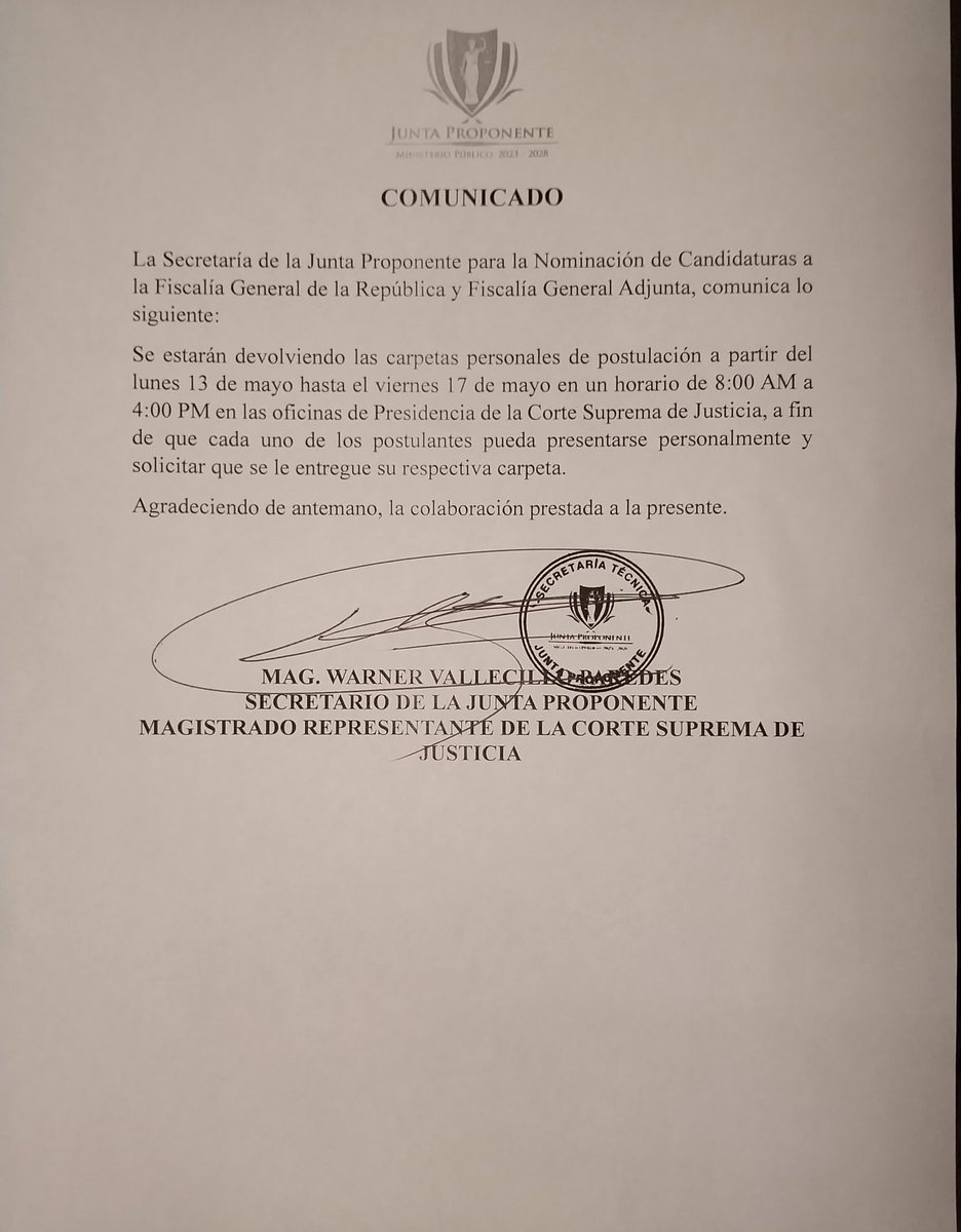 A todos los participantes en el proceso de elección de la Junta Proponente se les comunica los referente para el retiro de sus carpetas de postulación.