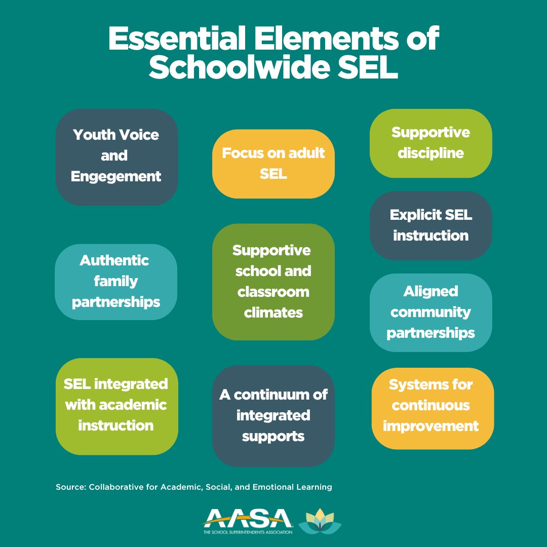 Social and Emotional Learning is key to fostering a nurturing environment in schools. Discover how SEL components from youth engagement to systemic supports can transform your school's mental health approach. ♻️ Learn more: aasa.org/mham #MentalHealthAwarenessMonth