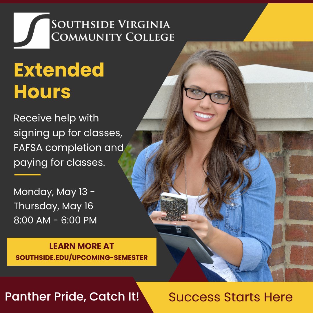 Need help signing up for classes? Filling out your FAFSA? Extended hours: May 13 - 16 8AM - 6PM southside.edu/upcoming-semes… #SVCCPanthers #PantherPrideCatchIt #SuccessStartsHere