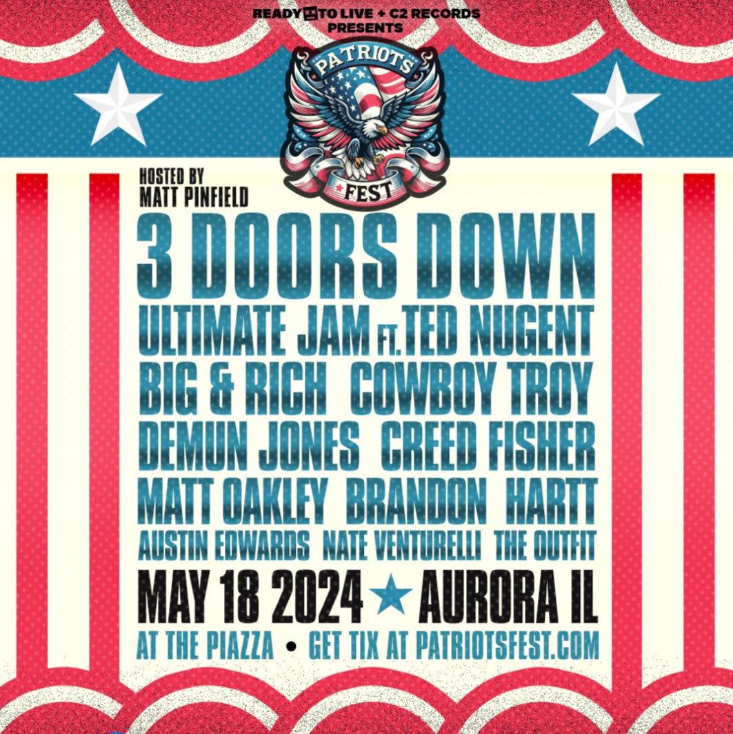 Yawza! Come jam with us! patriotsfest.com Patriots Fest, a new music event honoring heroes that make this country great, is kicking off with a stellar lineup to celebrate our nation and our freedom on May 18th in Aurora, Illinois. Patriots Fest curates appearances by