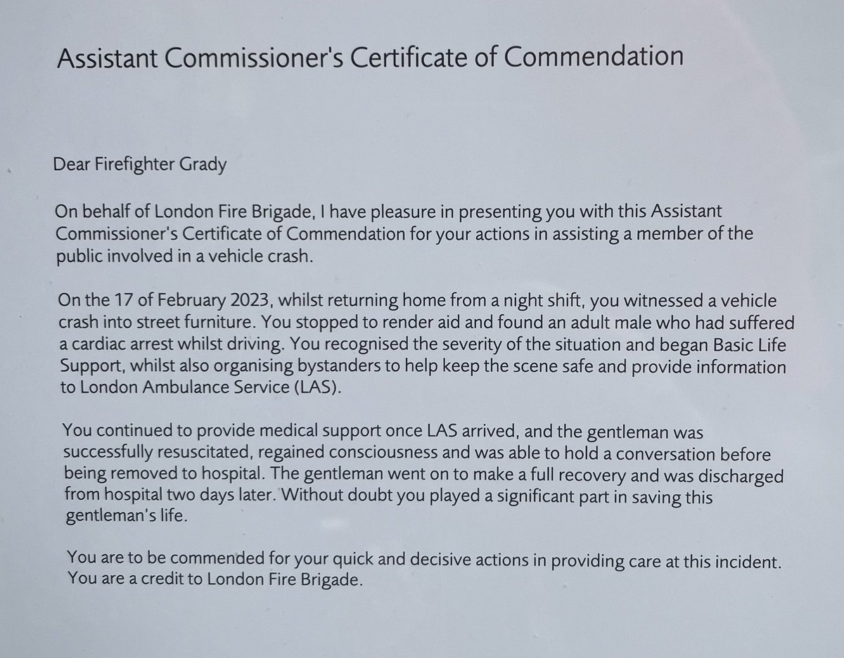 Congratulations Ff Grady @HounslowFire #Heston BW. 
Ff Grady stopped to give 1st aid after witnessing a car accident where a man had suffered a cardiac arrest. 
Ff Grady received his certificate of commendation today with his wife and the gentleman’s life he saved @LondonFire