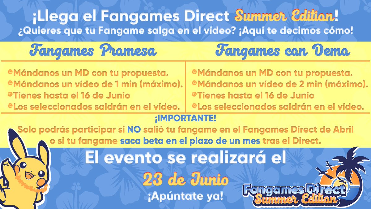 🏖️¡FANGAMES DIRECT SUMMER EDITION!🏖️

Llega una nueva edición el 23 de junio llena de novedades para conocer y jugar en verano😱

⚠️IMPORTANTE⚠️

Puedes participar si:

- No saliste en el de Abril

- O tienes nueva beta con fecha máxima de 1 mes a partir del Direct

¡MUCHO ÁNIMO!