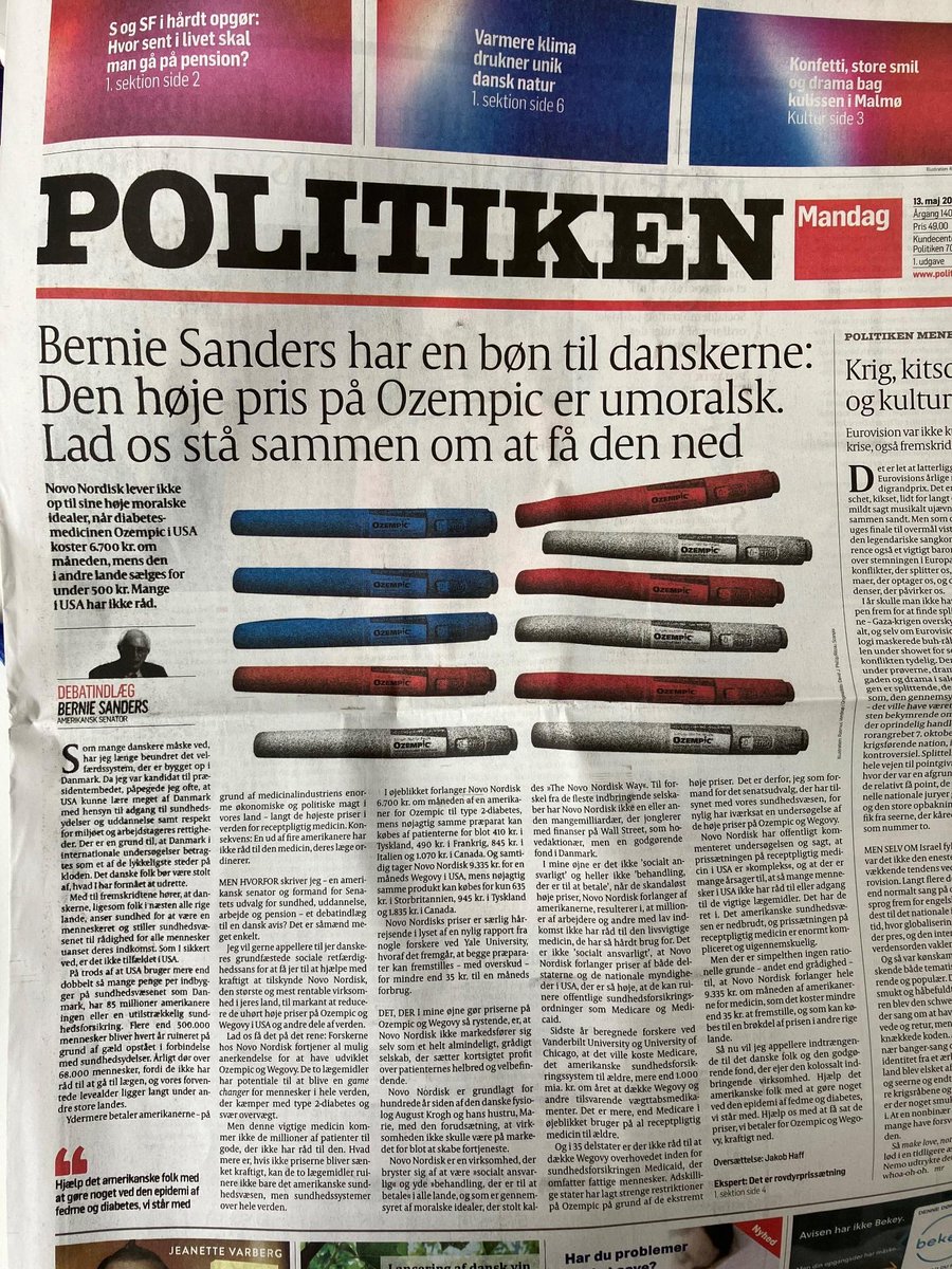 Today, I wrote an op-ed on the front page of Danish paper Politiken to appeal to Denmark’s longstanding commitment to social justice and to win their help in urging Novo Nordisk, the most profitable company in Denmark, to reduce the outrageous price of Ozempic & Wegovy in the US.
