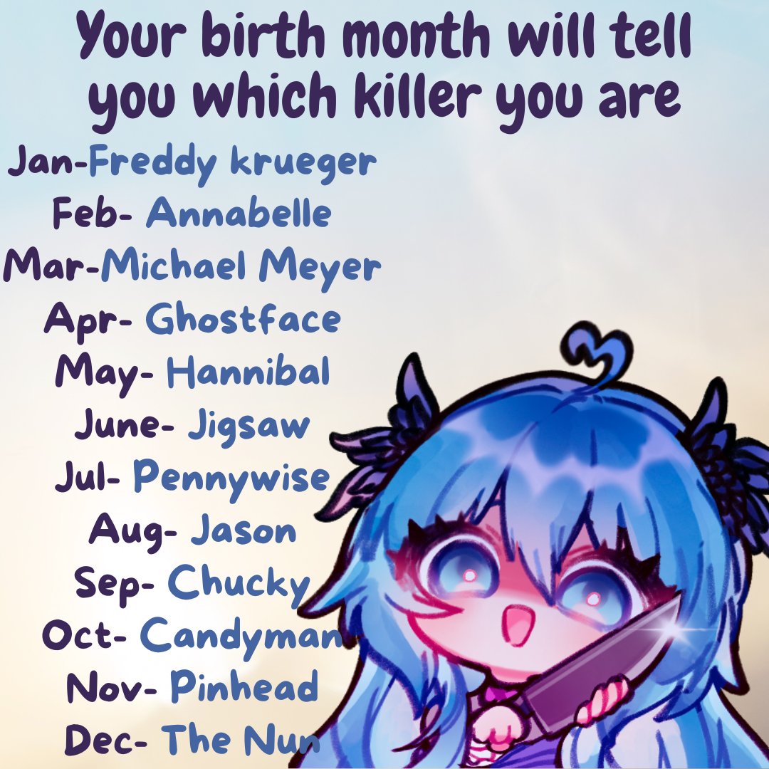 Hey hatchlings and #moots!

Its Monday and the start of the new week, so lets start with a new interactive post! Here is our post of the day!! 🥺💙

Your birth month is who you are as a character in a horror movie 💙

🩷 + 🔄 appreciated 

#vtuber | #horror