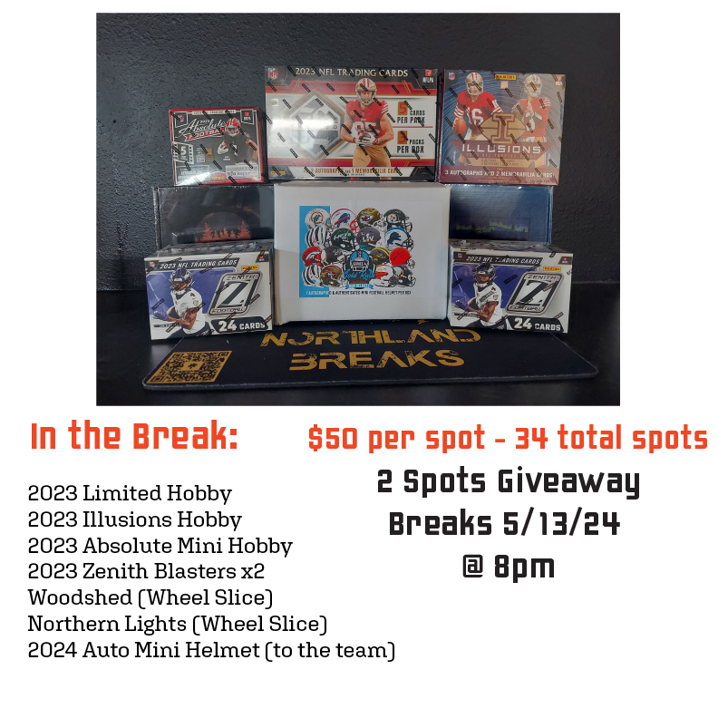 Check our store for random spots in tonight's hobby stream. Spots are at $50 per team. Everything in image will be in the break. Get your spot while they last! #hobby #panini #northlandbreaks #loupetheapp #NFL #paninilimited #paniniillusions
