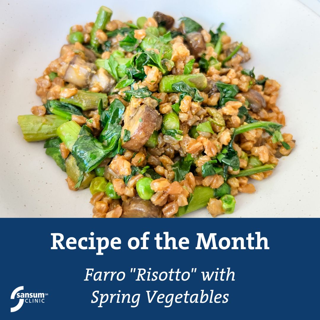 Looking to eat more whole grains? Try this Farro 'Risotto' with Spring Vegetables! #Farro is an ancient grain that is rich in B-vitamins, iron, and magnesium. And it has about twice as much protein and fiber as brown rice! #healthyrecipes bit.ly/3QQYbUW