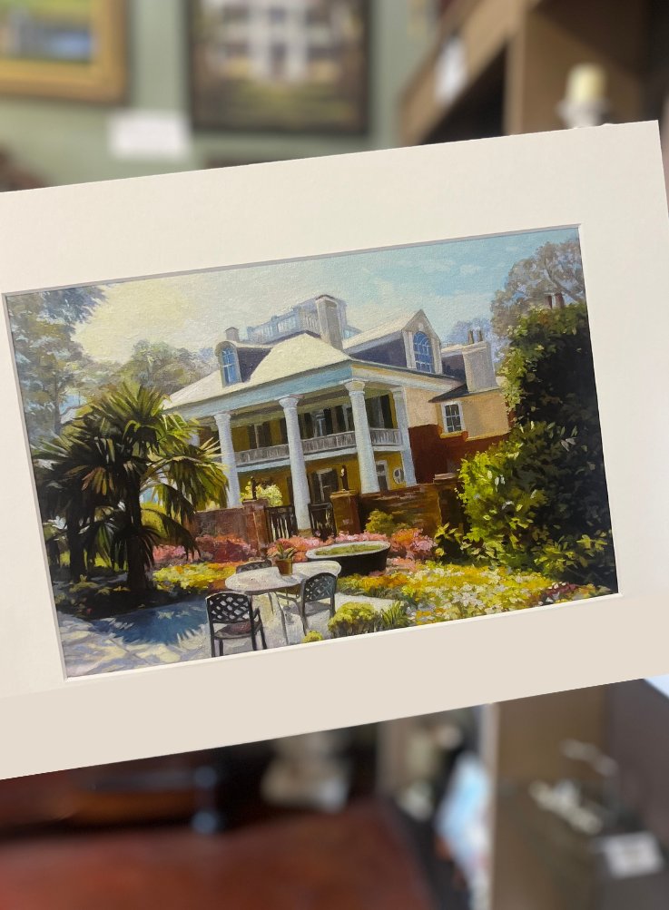 In our gift shop you can find many different prints of Houmas House! The one in the photo is a view of the Right Side of the House.
Artwork by Baltas
Size 12 x 16 
Price: $36.00
These prints can be found in store!