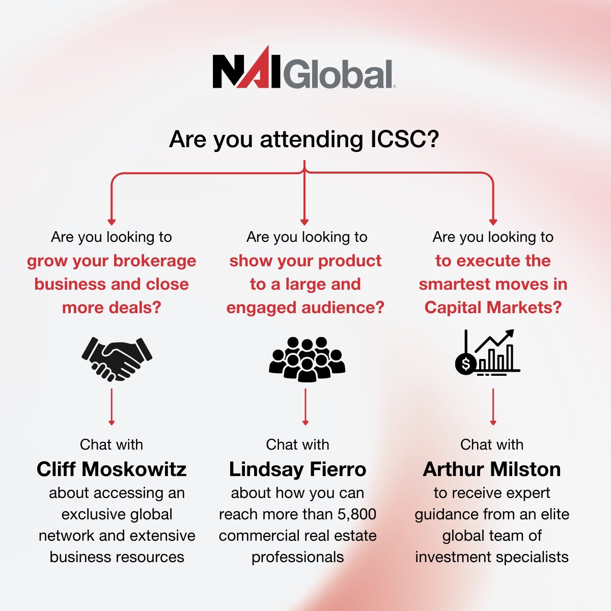 We are ready to chat about how you can unlock exclusive access to newfound opportunities and connections in #CommercialRealEstate at #ICSC2024.

Set up a meeting with the NAI team at ICSC or virtually by emailing us at info@naiglobal.com.

#CRE #CapitalMarkets