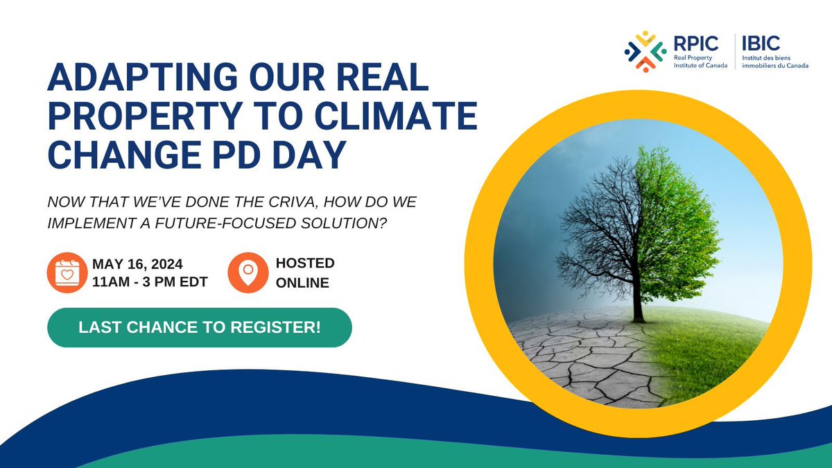 RPIC_IBIC's tweet image. Just a few days left until the Adapting our Real Property to Climate Change PD Day. If you haven’t registered yet, you’re not too late!  

Register Here: buff.ly/3Ump8Dx

#RPIC #RealProperty #ClimateChange #ProfessionalDevelopment