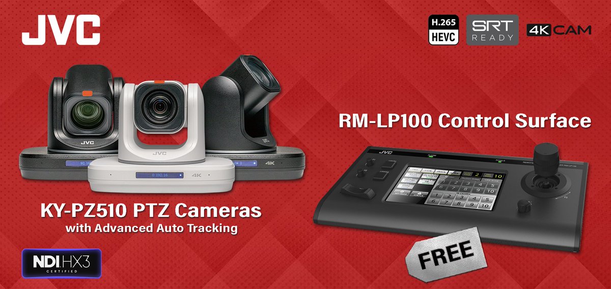 jvcprousa's tweet photo. For a limited time, receive a FREE RM-LP100 Control Surface when you purchase three of our KY-PZ510 PTZ Cameras, featuring our five all-new Advanced Auto Tracking modes! Shop Now: https://t.co/yC1clgE5eE
#JVCProVideo #AutoTracking #PTZ #ProductionWorkflows #AVTweeps https://t.co/biiOJbmA65
