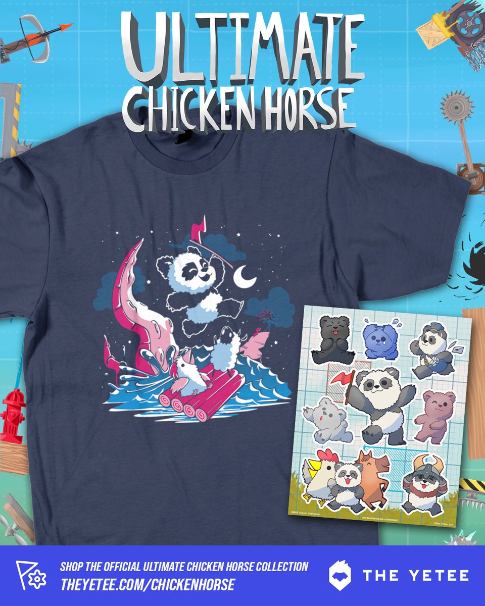 NEW! It's been a while since we've updated our official Ultimate Chicken Horse collection so just BEAR with us a second here! We promise we're not PANDA-ering to you by adding a new tee and stickers to the lineup created in collab with @ClevEndeavGames! theyetee.com/chickenhorse