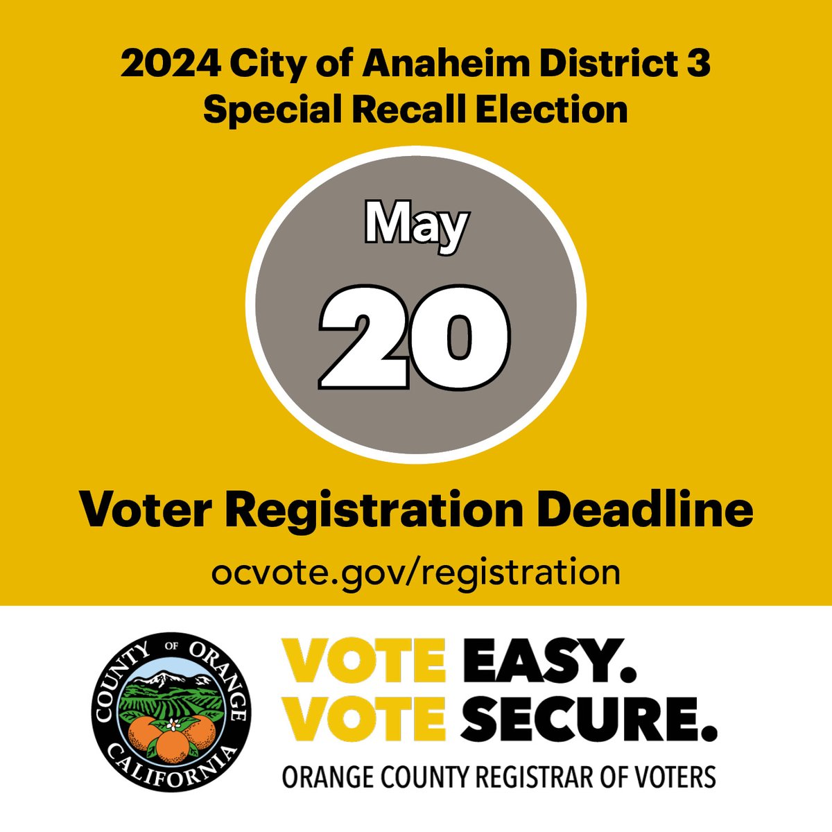 May 20 is the deadline to register to vote for the 2024 City of Anaheim District 3 Special Recall Election. Register to vote or update your registration today at ocvote.gov/registration. #OCVote #OrangeCounty #VoterRegistration #VoteEasyVoteSecure