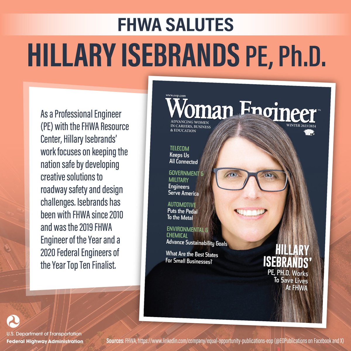 FHWA honors FHWA Engineer Hillary Isebrands, who has been recognized for developing creative solutions to roadway safety and design challenges. She was 2019 FHWA Engineer of the Year, and is featured in the latest issue of Women Engineer Magazine: bt.e-ditionsbyfry.com/publication/fr…