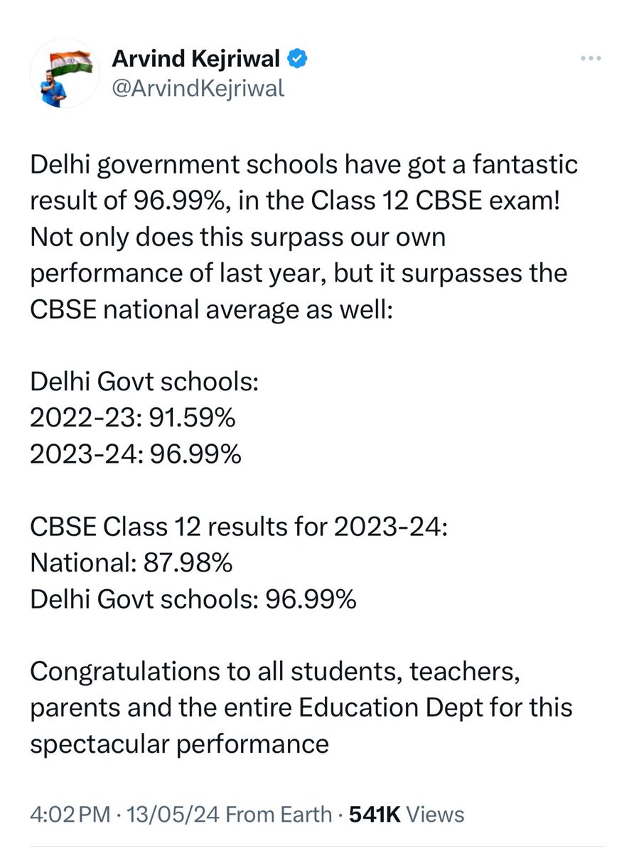 Delhi government schools 'Made history again' 12th CBSE Board Result 👉🏻Country's Average: 87.98% 👉🏻Average of Delhi Government Schools: 96.99% Because of these works of Kejriwal, Modiji feels scared #KejriwalSchoolsBreakRecords