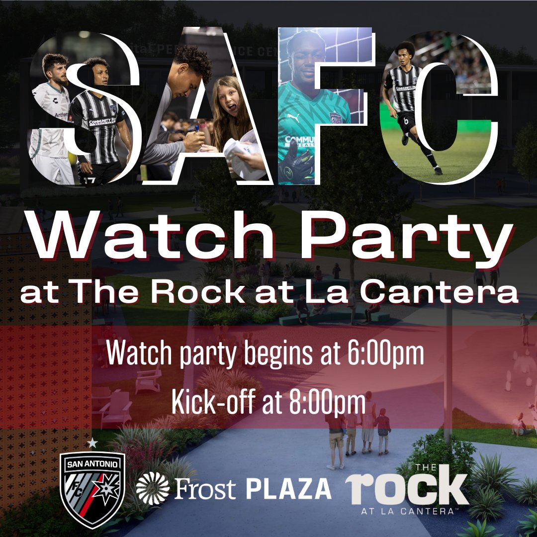 On May 25th, enjoy the thrill of the game with our first ever SAFC Watch Party at The Rock at La Cantera! Grab your favorite game-watching buddies and enjoy the game on a 40ft LED screen in Frost Plaza. ⚽ ➡️ Food and drinks will be available to purchase at kiosks.