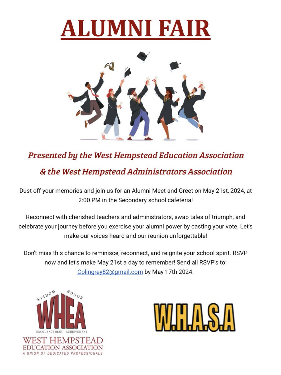 WHTeachers's tweet photo. ‼️💥Join us on Tuesday, May 21, 2024 at 2:00pm in the WH Secondary School Cafeteria for an Alumni Meet and Greet!! We would love to see you there! Share with a friend! ‼️ https://t.co/MfBLdjRl1a